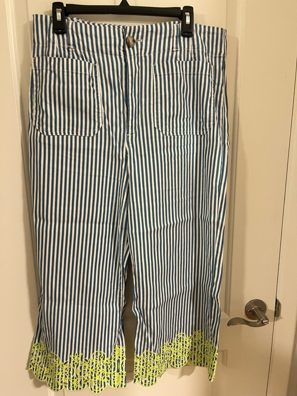 Anthropologie Maeve Blue and White Striped Pants w/ Neon Yellow Scalloped detail